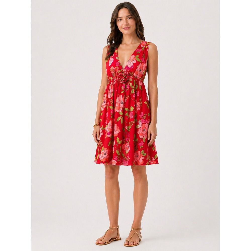 J.Crew Womens Floral‎ Organic Cotton V Neck Sun Dress Red Large Summer Resort